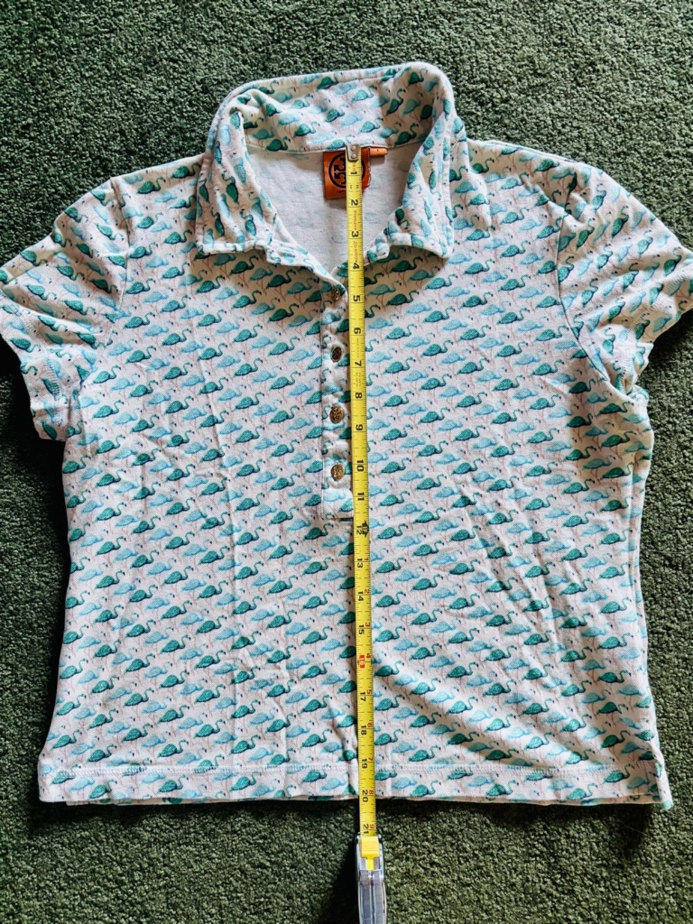 Sz L Tory Burch Cropped Cream Golf Polo with Teal Flamingo Print - Picture 6 of 9